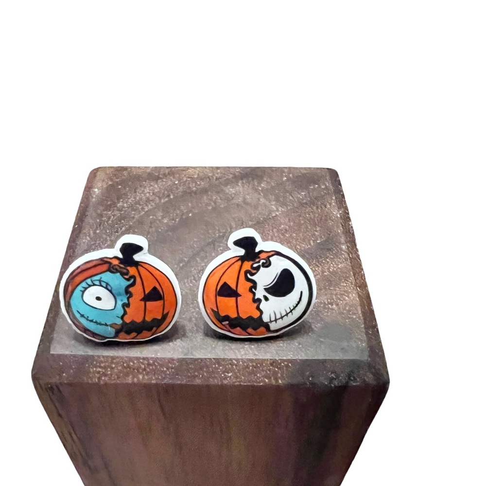 Jack and Sally, jack-o’-lantern, pumpkin stud earrings. New - Picture 2 of 11